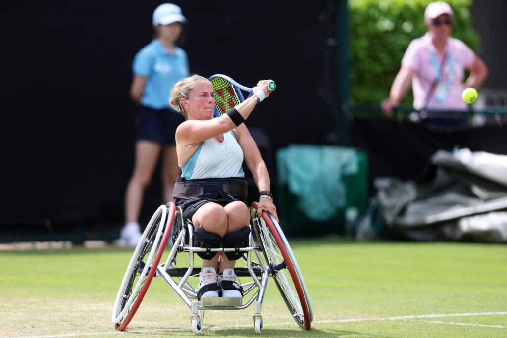 Lucy Shuker of Great Britain plays a forehand against Cornelia Oosthuizen of Great Britain in the Women's Singles Wheelchair Final during Day 7 of the Lexus Nottingham Open at the Lexus Nottingham Tennis Centre on June 21, 2026 in Nottingham, England.
