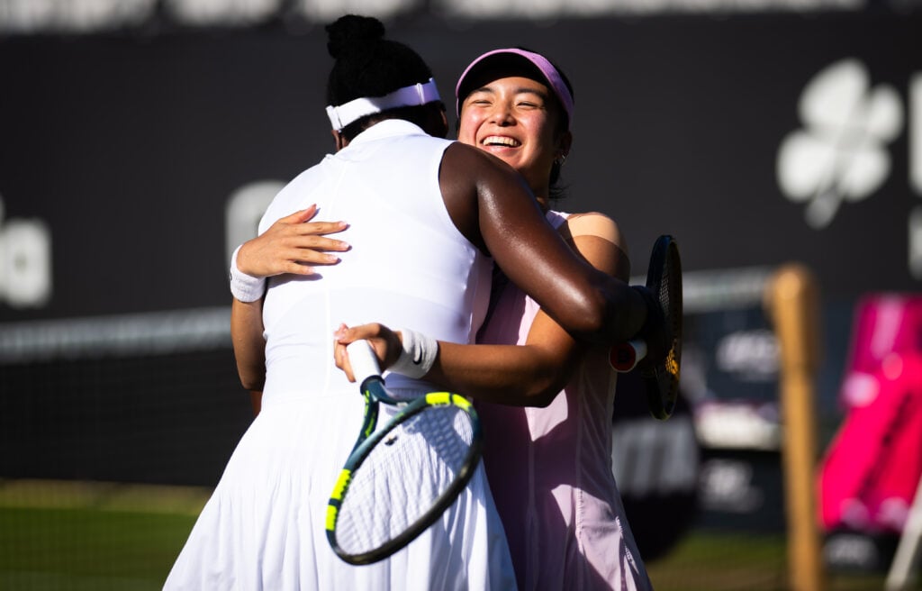 Alexandra Eala and Venus Williams hug after winning their match at the 2026 Bad Homburg Open.