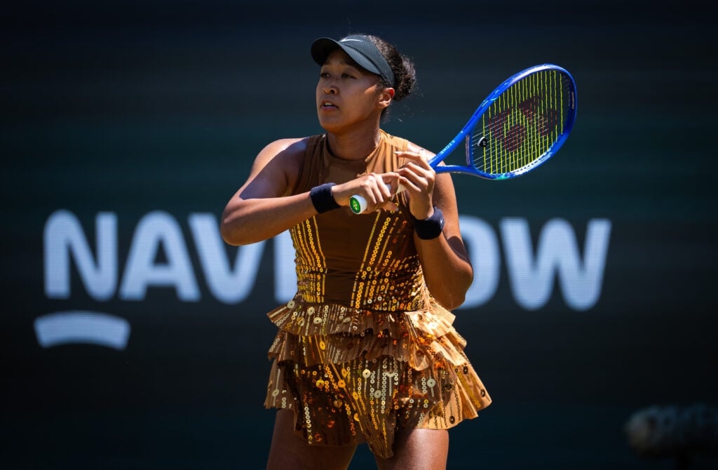 Naomi Osaka hits a forehand at the 2026 Bad Homburg Open.