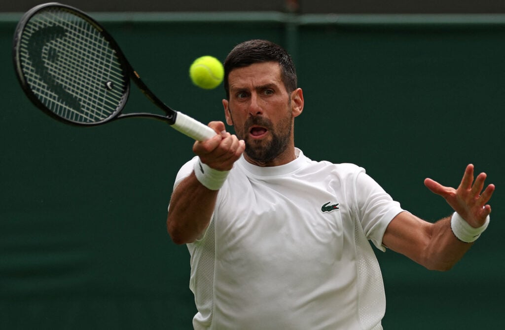Novak Djokovic hits a forehand in practice ahead of Wimbledon in 2026.