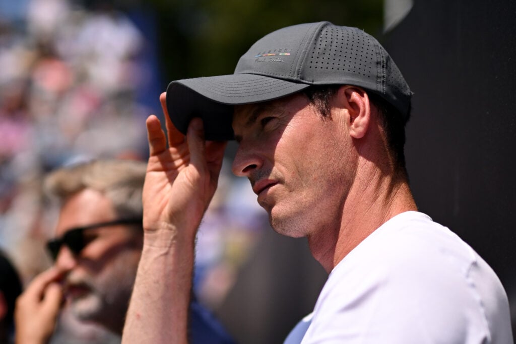 Andy Murray watches Jack Draper play at Eastbourne in 2026.