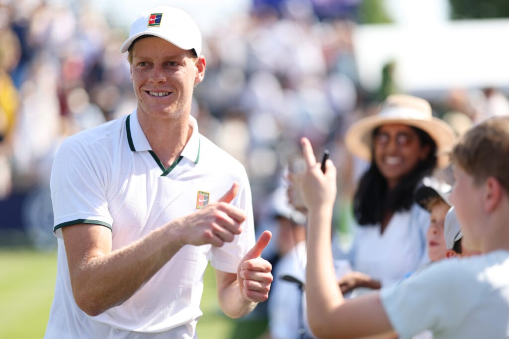 Jannik Sinner celebrates after beating Cameron Norrie at the Giorgio Armani Tennis Classic in 2026.