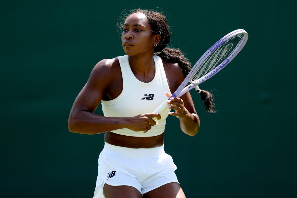 Coco Gauff practicing ahead of the 2026 Wimbledon Championships.