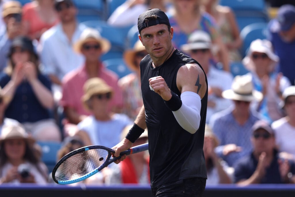 Jack Draper reacts during his match at the 2026 Eastbourne Open.