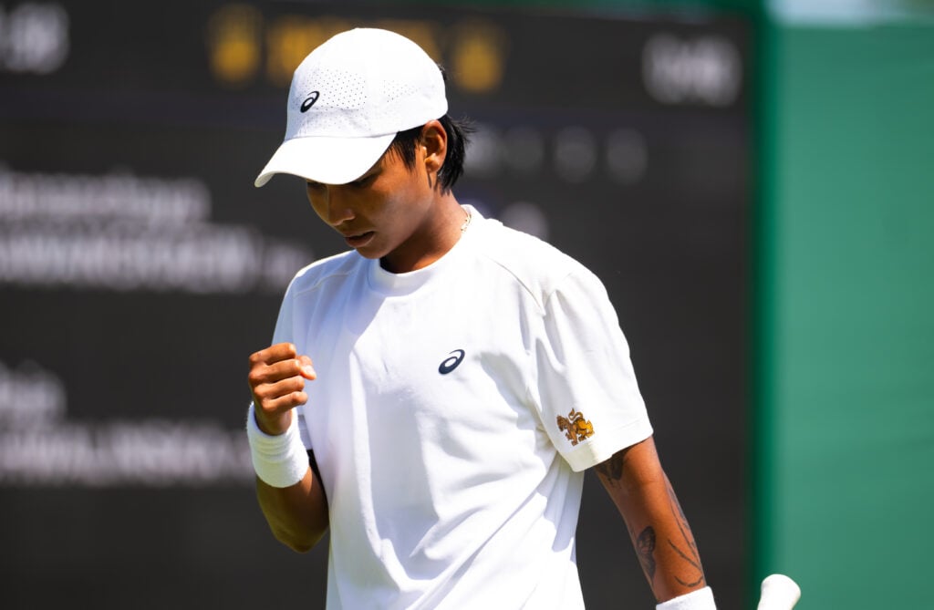 Mananchaya Sawangkaew of Thailand reacts against Maja Chwalinska of Poland in the first round on Day One of The Championships Wimbledon 2026 at All England Lawn Tennis and Croquet Club on June 29, 2026 in London, England