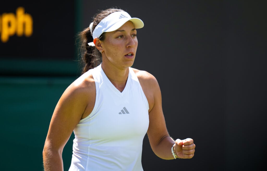 Jessica Pegula reacts during her match against Darja Vidmanova at Wimbledon in 2026.