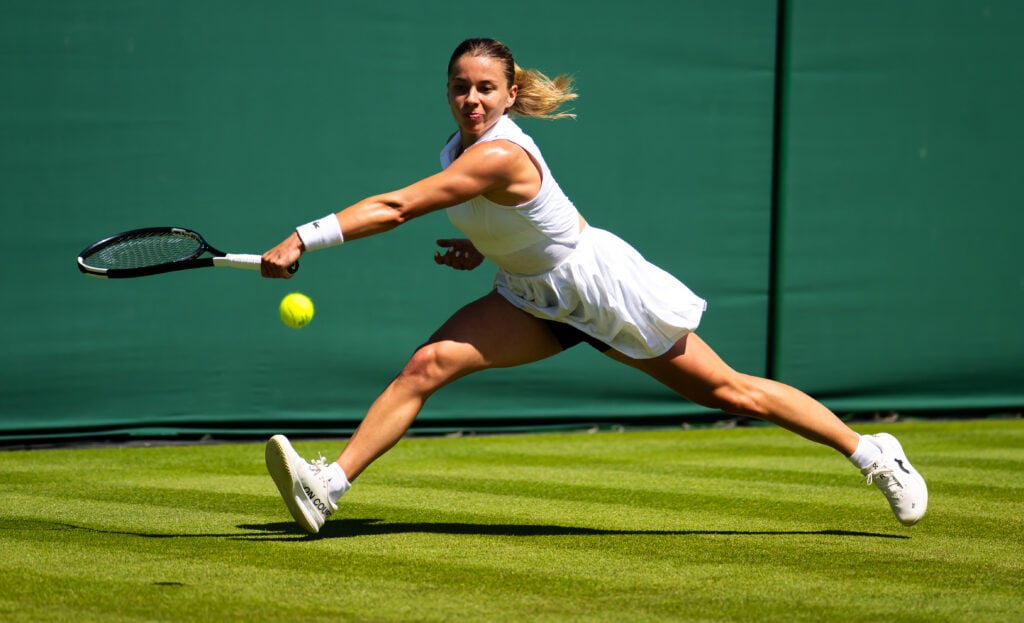 Maja Chwalinska of Poland in action against Mananchaya Sawangkaew of Thailand in the first round on Day One of The Championships Wimbledon 2026 at All England Lawn Tennis and Croquet Club on June 29, 2026 in London, England