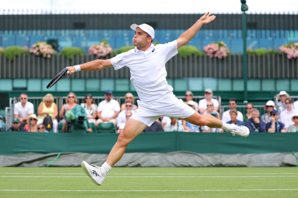 Arthur Fery (GBR) against Damir Dzumhur (BIH) during their Gentlemen's Singles first round match on day two of The Championships Wimbledon 2026 at All England Lawn Tennis and Croquet Club on June 30, 2026 in London, England.