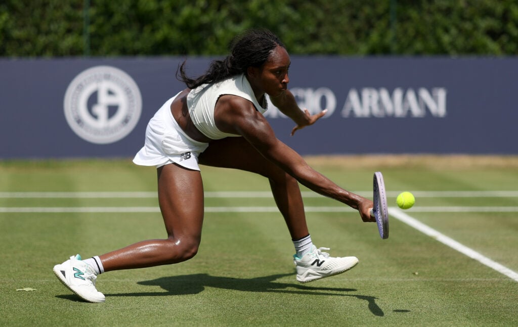 Coco Gauff of the United States plays a forehand volley during her match against Ann Li of the United States during the Giorgio Armani Tennis Classic at The Hurlingham Club on June 26, 2026 in London, England.