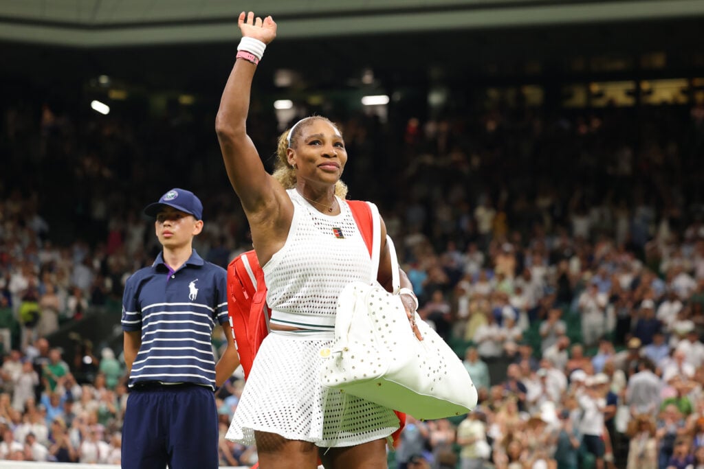 Serena Williams leaves the court after losing to Maya Joint at Wimbledon.