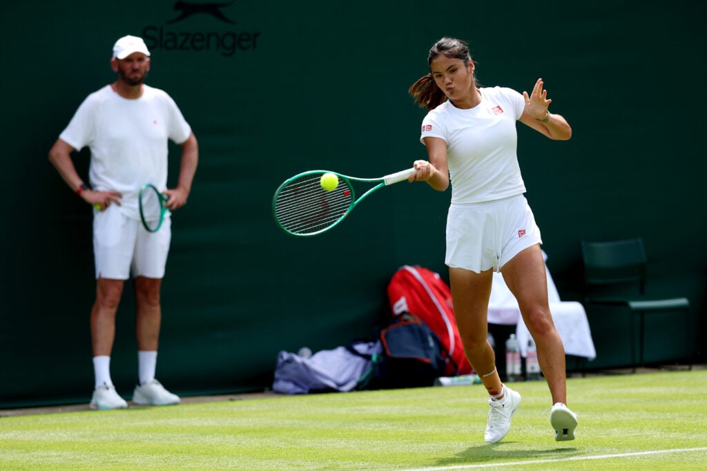 Emma Raducanu during a practice session ahead of Wimbledon in 2026.