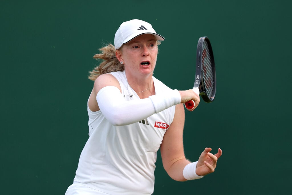 Francesca Jones of Great Britain plays a forehand against Diane Parry of France during their Ladies' Singles first round match on day one of The Championships Wimbledon 2026 at All England Lawn Tennis and Croquet Club on June 29, 2026 in London, England.