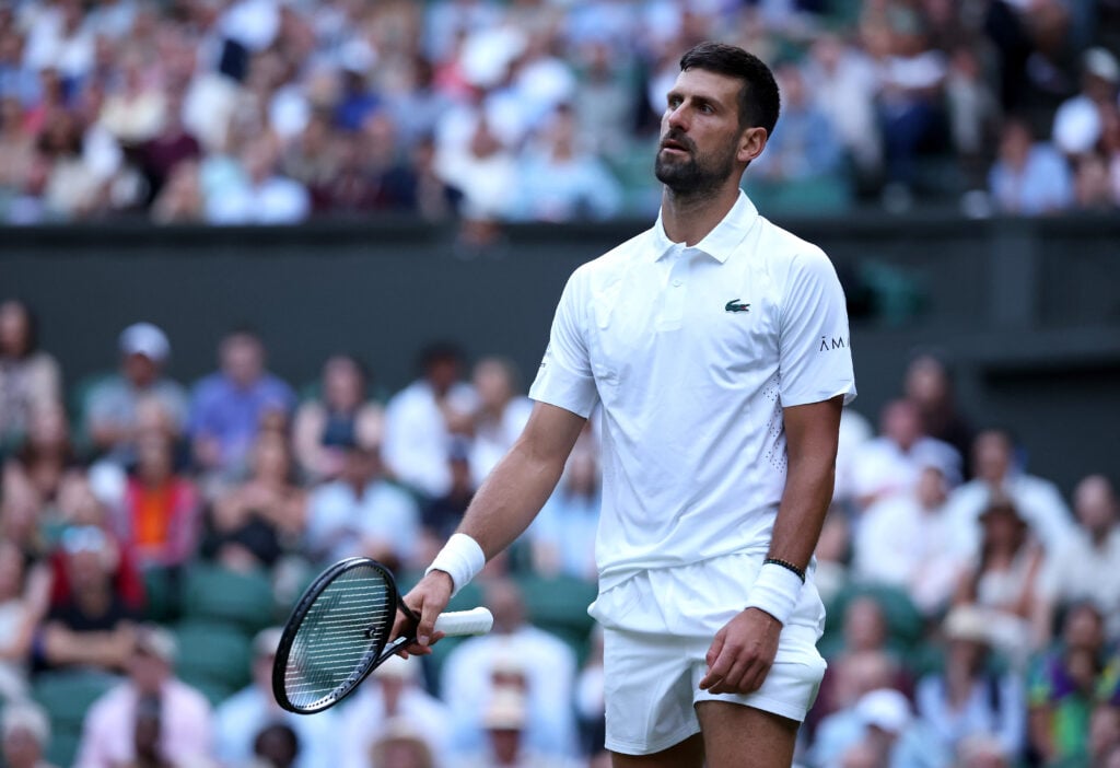 Novak Djokovic during his first round match against Yibing Wu at Wimbledon in 2026.