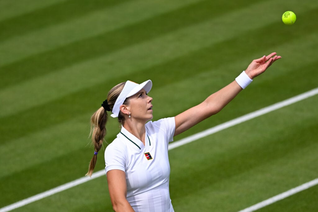 Katie Boulter of Great Britain in action against Tyra Caterina Grant of Italy during the Ladies' Singles first round match on Day Two of The Championships Wimbledon 2026 at All England Lawn Tennis and Croquet Club on June 30, 2026 in London, England.