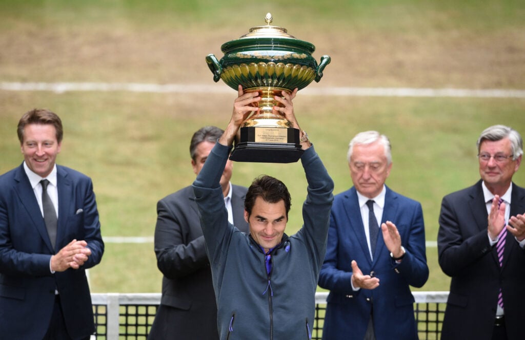 Roger Federer of Switzerland celebrates winning the final match against Andreas Seppi of Italy during the final day of the Gerry Weber Open at Gerry Weber Stadium on June 21, 2015 in Halle, Germany.
