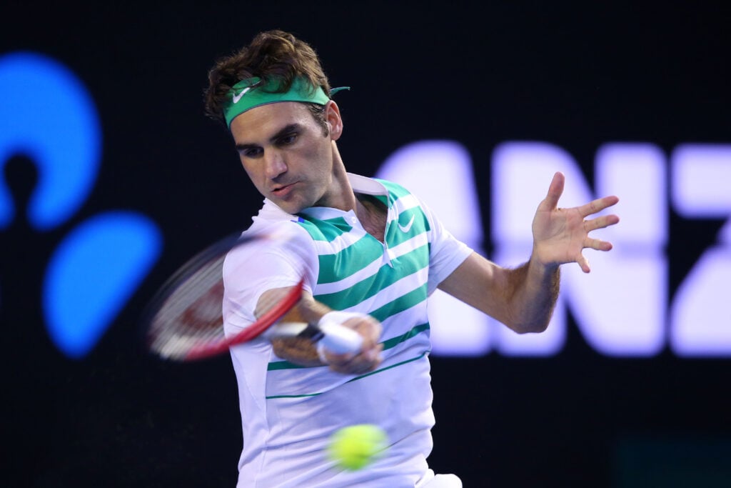 Roger Federer hits a forehand at the 2016 Australian Open
