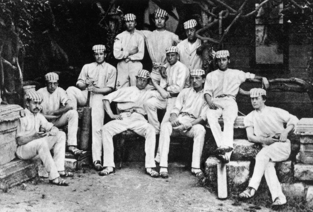 The Harrow XI during the 1869 match against Eton. From left to right (back row) George Macan (1853 - 1943), A J Begbie, W Law. (Front row) Charles William Walker (1851 - 1915), Frederick Alexander Currie (1851 - 1902), W P Crake, Spencer William Gore (1850 - 1906), William Edward Openshaw (1852 - 1915), Edward Peter Baily (1852 - 1941), A A Apcar and C T Giles.