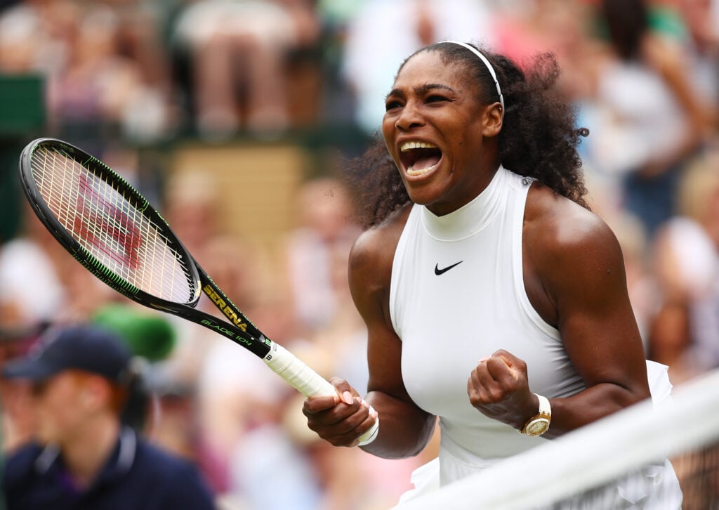 Serena Williams of The United States celebrates during The Ladies Singles Final against Angelique Kerber of Germany on day twelve of the Wimbledon Lawn Tennis Championships at the All England Lawn Tennis and Croquet Club on July 9, 2016 in London, England.