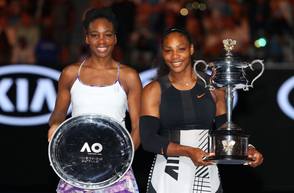 Serena Williams poses with the Daphne Akhurst Trophy after winning the Women's Singles Final against Venus Williams of the United States, posing with the runners up trophy on day 13 of the 2017 Australian Open at Melbourne Park on January 28, 2017 in Melbourne, Australia