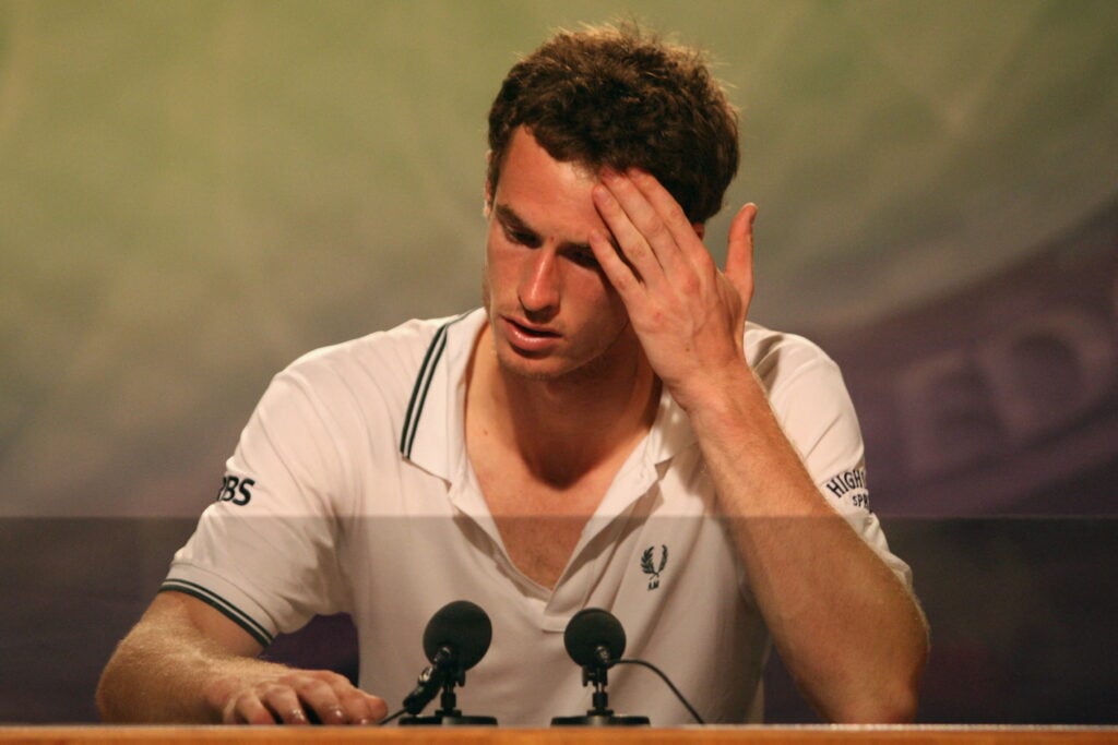 Britain's Andy Murray speaks at a press conference after loosing to US Andy Roddick in their semi final match on Day 11 at the 2009 Wimbledon tennis championships at the All England Club on July 3, 2009. The event, the third Grand Slam tournament of 2009, runs from June 22 to July 5, 2009. Roddick won 6/4,4/6,7/6,7/6.