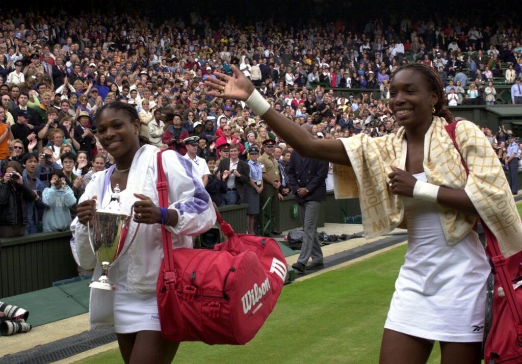 Venus Williams and Serena Williams win doubles at wimbledon July 2000 Venus and Serena Williams leave centre court after winning the women's doubles final at Wimbledon The Williams defeated Julie Halard-Decugis of France and Japan's Ai Sugiyama 6-3 6-2 to take the title.