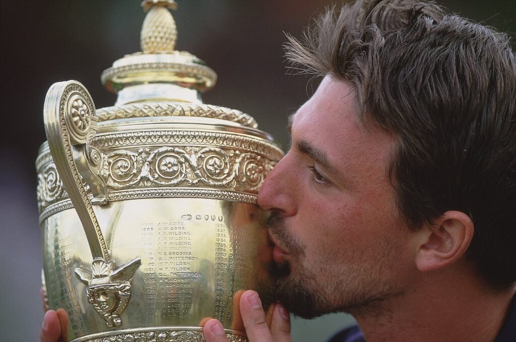 Goran Ivanisevic celebrates after winning Wimbledon in 2001.