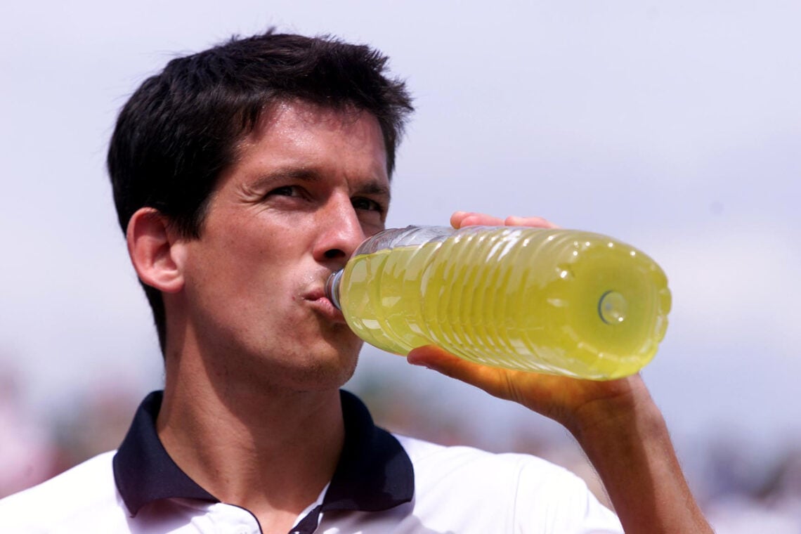 14 Jun 2001:  Tim Henman of Great Britain take a drink in his match against Wayne Arthurs of Australia during the third round of the Stella Artois ...
