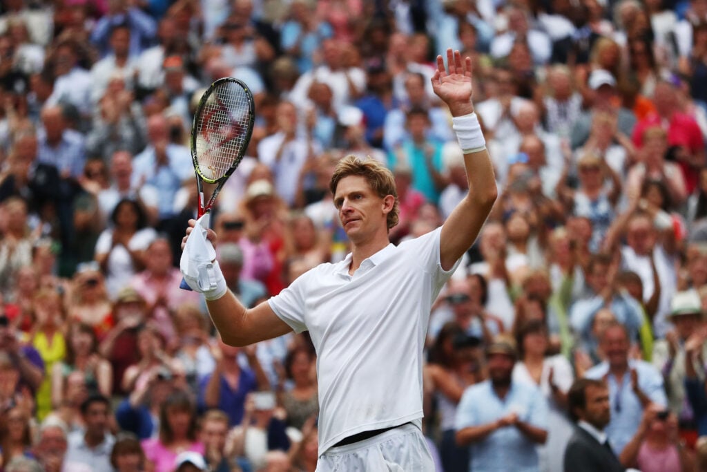 Kevin Anderson of South Africa celebrates his victory over John Isner of The United States after their Men's Singles semi-final match on day eleven of the Wimbledon Lawn Tennis Championships at All England Lawn Tennis and Croquet Club on July 13, 2018 in London, England.