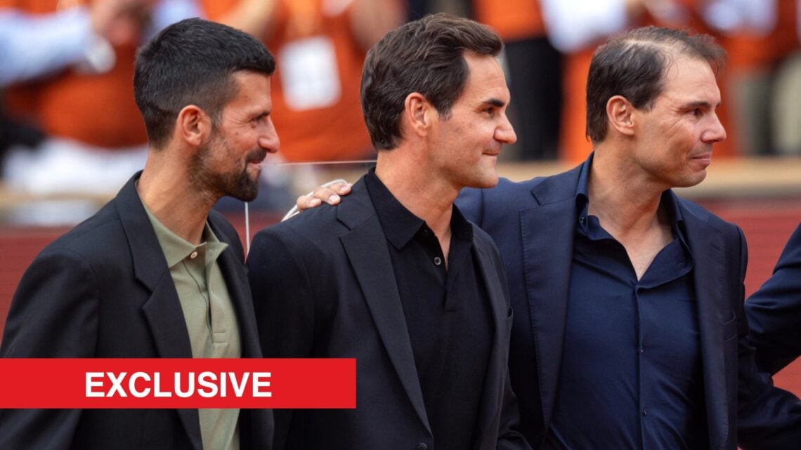 Novak Djokovic, Roger Federer, and Rafael Nadal look on Court Philippe Chatrier at Roland Garros