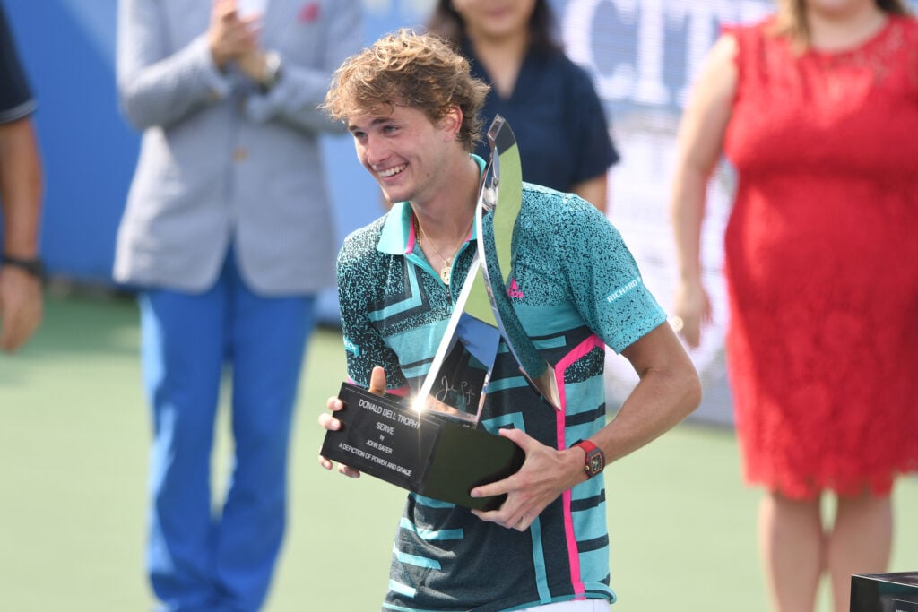 Alexander Zverev of Germany holds the winners trophy after his match against Alex De Minaur of Australia during the Men's Finals on Day Nine of the Citi Open at the Rock Creek Tennis Center on August 5, 2018 in Washington, DC.