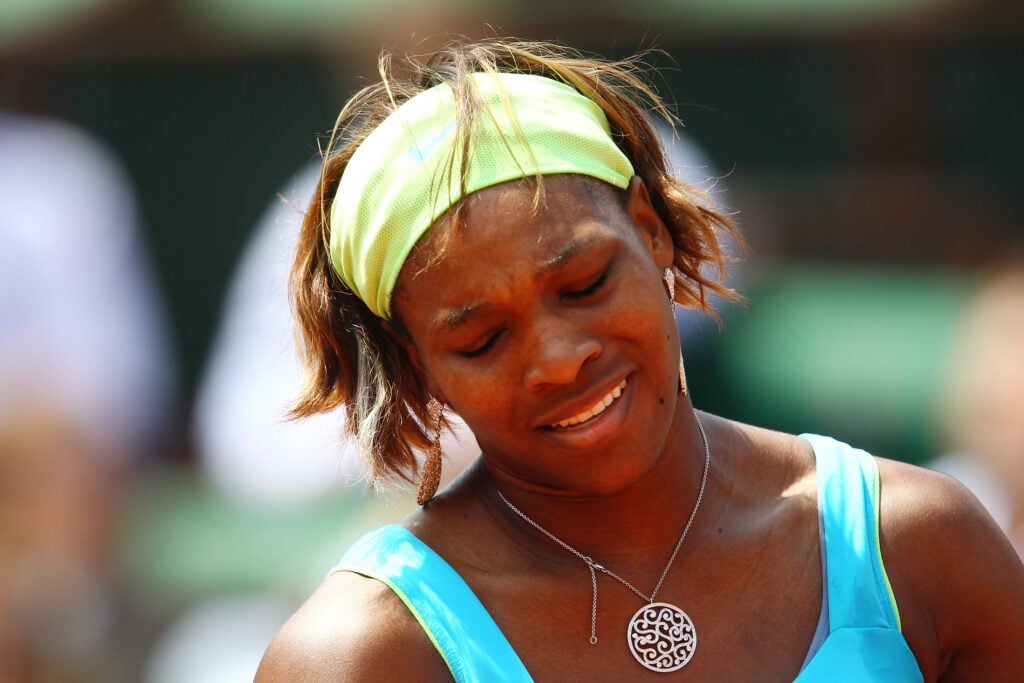 Serena Williams of the United States looks dejected during the women's singles quarter final match between Serena Williams of the United States and Samantha Stosur of Australia at the French Open on day eleven of the French Open at Roland Garros on June 2, 2010 in Paris, France.
