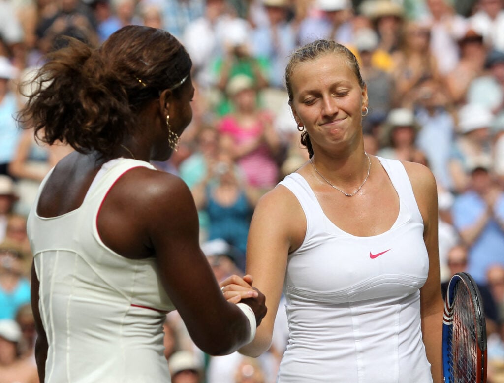 Petra Kvitova shakes hands with Serena Williams after losing to her at Wimbledon in 2010.
