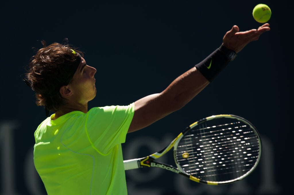 Rafael Nadal prepares to serve during the 2010 US Open.