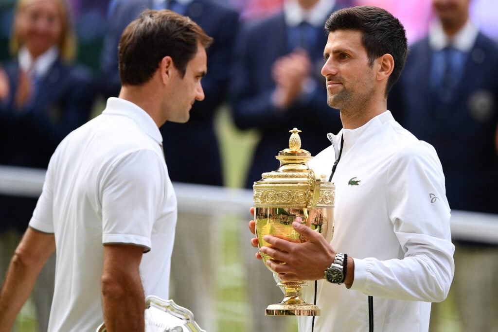 Roger Federer and Novak Djokovic pictured after the 2019 Wimbledon final.