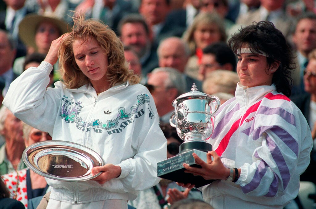 Arantxa Sanchez and Steffi Graf pictured after the 1989 French Open final.