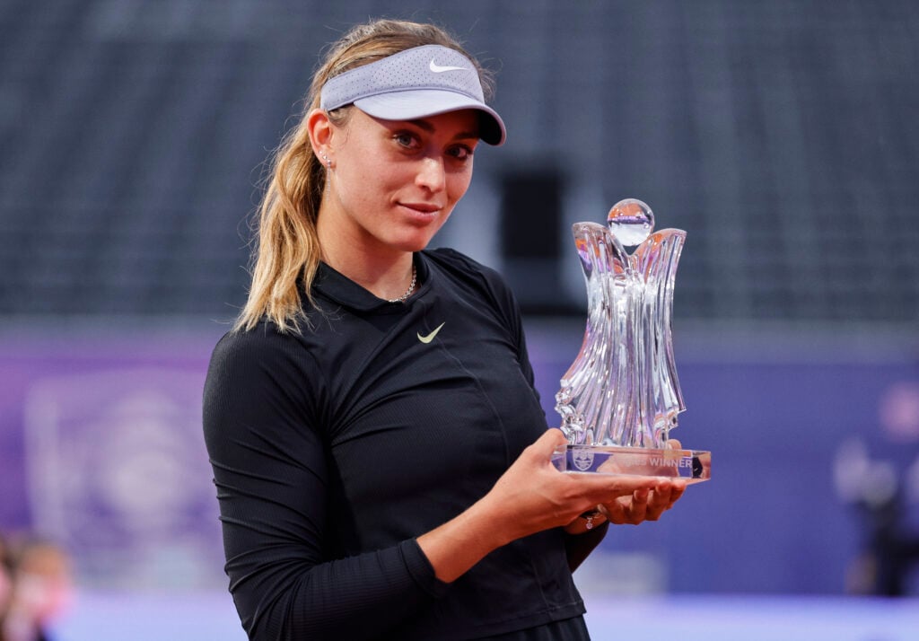 Paula Badosa of Spain poses with the winners trophy after defeating Ana Konjuh of Croatia in the Belgrade Ladies Open women's final at Novak Tennis Centre on May 22, 2021 in Belgrade, Serbia.