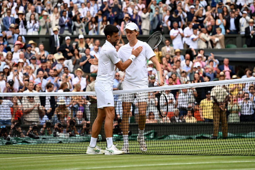 Novak Djokovic of Serbia in action in the Men's Singles Quarter Finals Match against Jannik Sinner of Italy during day nine of The Championships Wimbledon 2022 at All England Lawn Tennis and Croquet Club on July 05, 2022 in London, England.