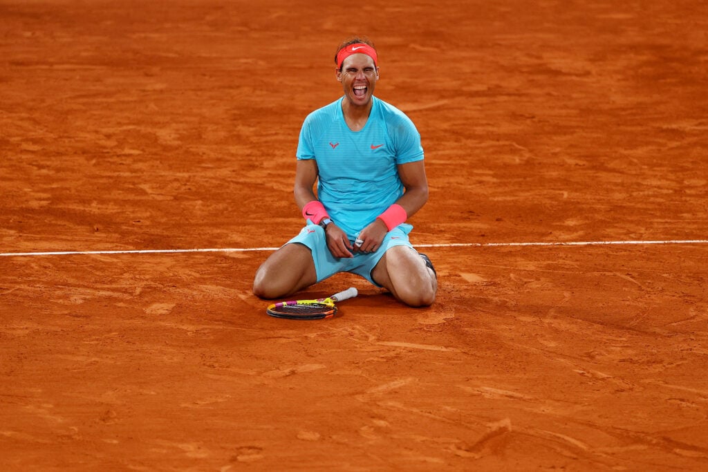 Rafael Nadal celebrates winning the 2020 French Open.