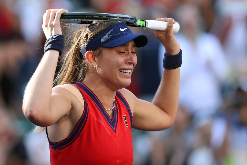 Paula Badosa of Spain reacts after defeating Victoria Azarenka in the Women's Singles Final match on Day 14 of the BNP Paribas Open on October 17, 2021 in Indian Wells, California.