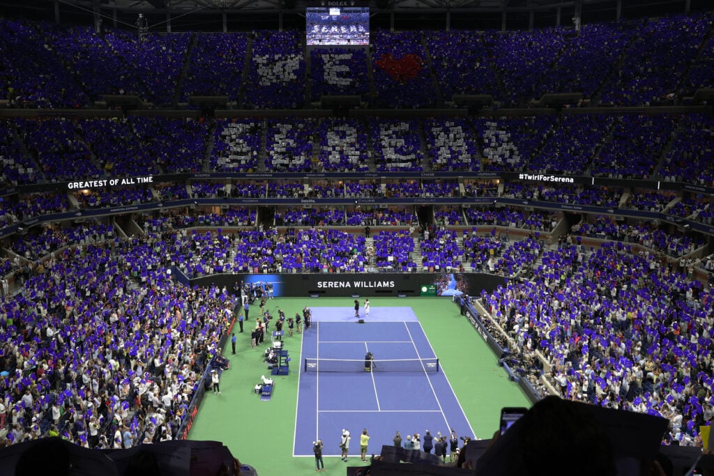 The crowd acknowledges Serena Williams of the United States after her victory against Danka Kovinic of Montenegro during the Women's Singles First Round on Day One of the 2022 US Open at USTA Billie Jean King National Tennis Center on August 29, 2022 in the Flushing neighborhood of the Queens borough of New York City.