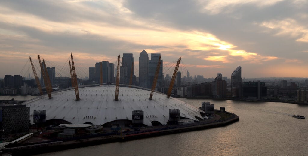 A general exterior view of the North Greenwich Arena as seen from the Emirates Air Line (cable car) prior to the Women's Basketball Gold Medal game on Day 15 of the London 2012 Olympic Games on August 11, 2012 in London, England.