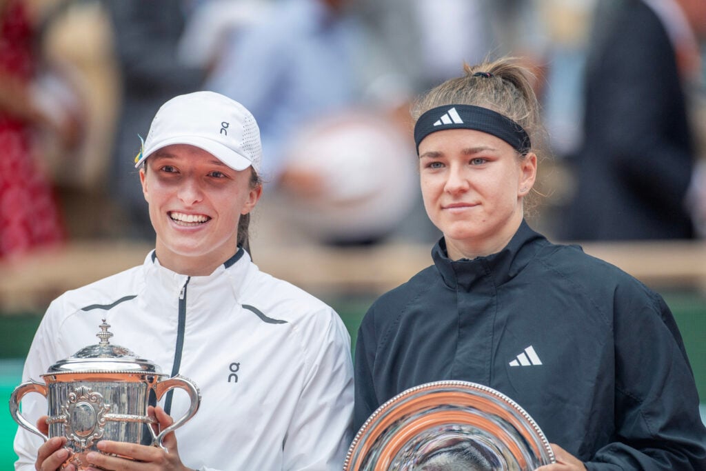 Iga Swiatek and Karolina Muchova pictured after the 2023 French Open final.