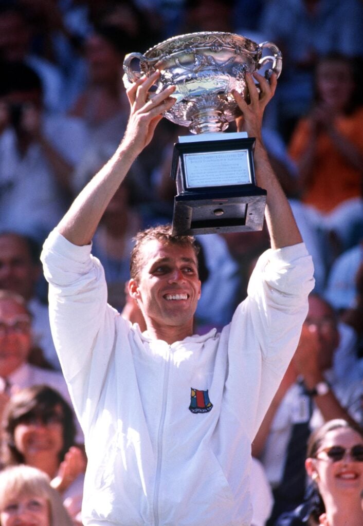 Ivan Lendl of Czechoslovakia celebrates winning the Australian Open mens title with trophy, played at Flinders Park, Melbourne, Australia.