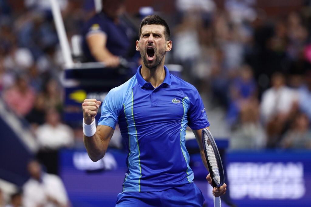 Novak Djokovic of Serbia celebrates after a point against Daniil Medvedev of Russia during their Men's Singles Final match on Day Fourteen of the 2023 US Open at the USTA Billie Jean King National Tennis Center on September 10, 2023 in the Flushing neighborhood of the Queens borough of New York City.