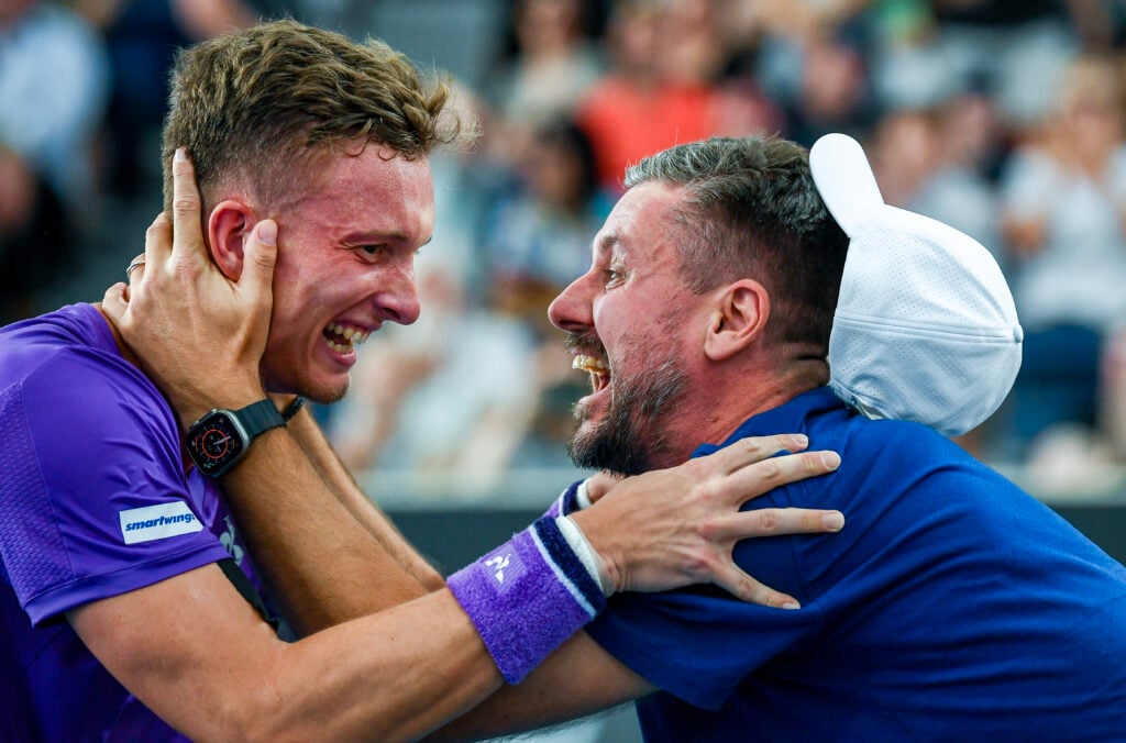 Jiri Lehecka and Michal Navratil celebrate at the 2024 Adelaide International.