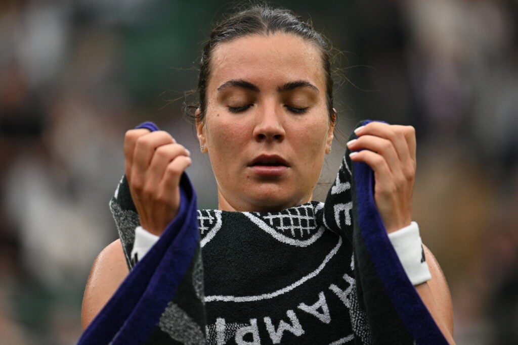 Elena-Gabriela Ruse during her match against Elena Rybakina at Wimbledon in 2024.