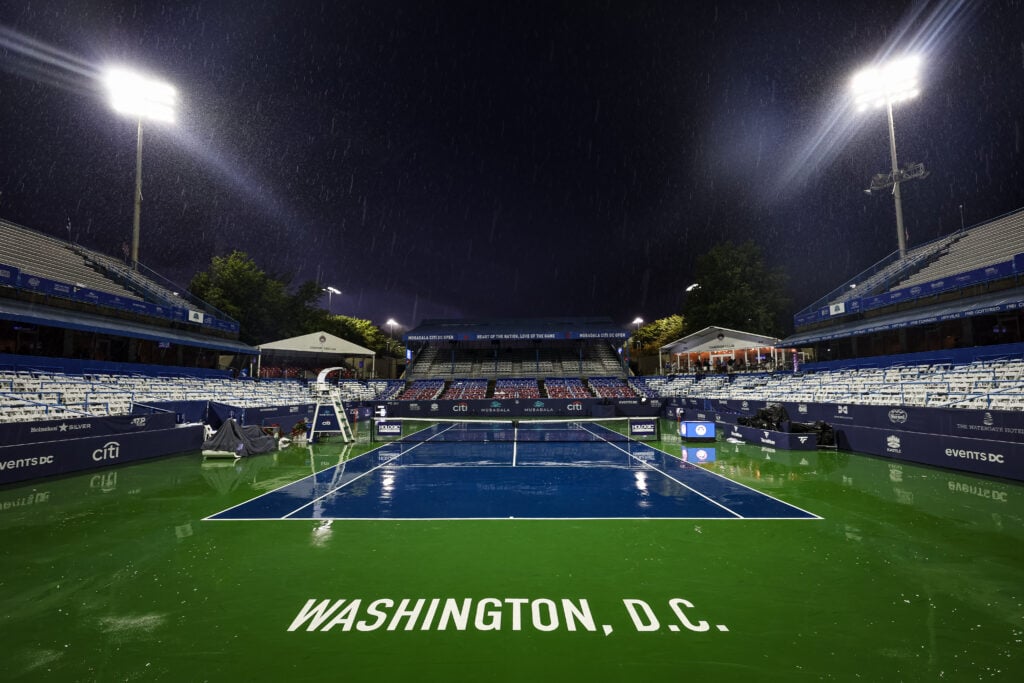 A general view of the Stadium Court during a rain delay on day 8 of the Mubadala Citi DC Open 2024 at William H.G. FitzGerald Tennis Center on August 3, 2024 in Washington, DC.