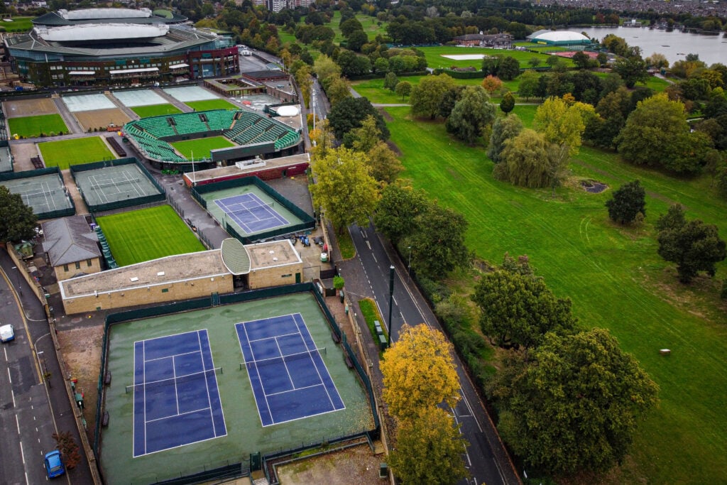 Aerial view of the All England Lawn Tennis Club and the Wimbledon Park Golf Course