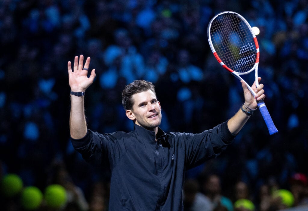 Austria's Dominic Thiem waves after playing his final match at the Vienna Open at the Stadthalle in Vienna, Austrian on October 22, 2024.