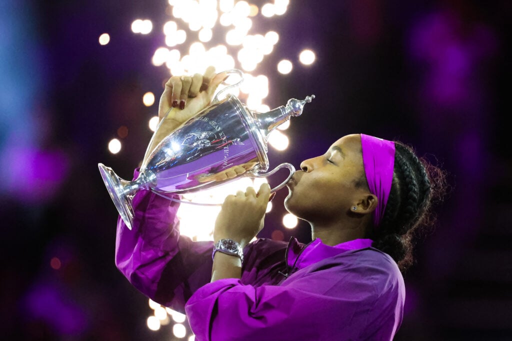 Coco Gauff celebrates after winning the WTA Finals.